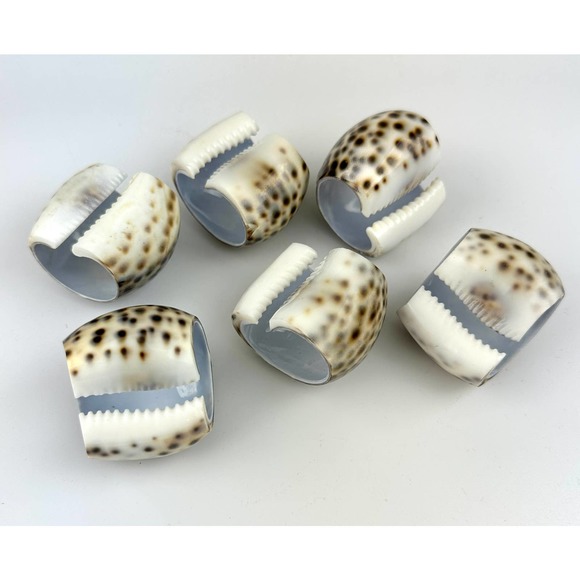 Boho Chic Cowrie Shell Napkin Rings - Set of 6 | Embroidered Ivory Napkin set - Picture 6 of 14